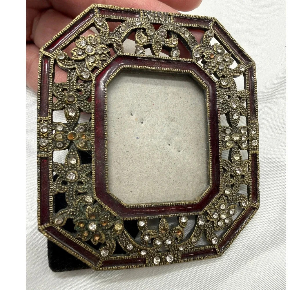 Vintage Style Octagon Filigree Rhinestone Enamel Miniature‎ Picture Frame Brass